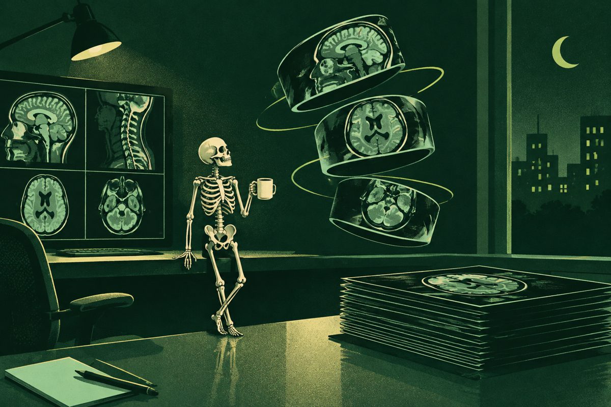 A skeleton radiologist enjoying coffee during a night shift